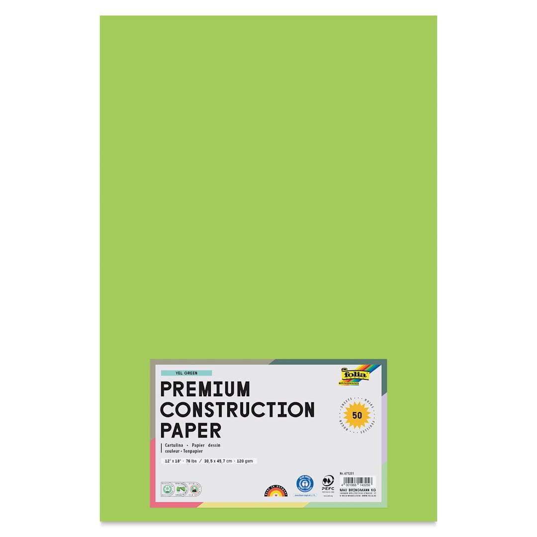 Open in modal - Folia Premium Construction Paper - Pkg of 50, Yellow Green, 12" x 18", front of packaging