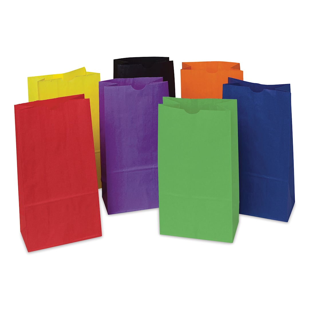 Open in modal - Creativity Street Kraft Bags - Brights, Pkg of 28, 6" L x 3-6/10" W x 11" H - seven bags shown upright