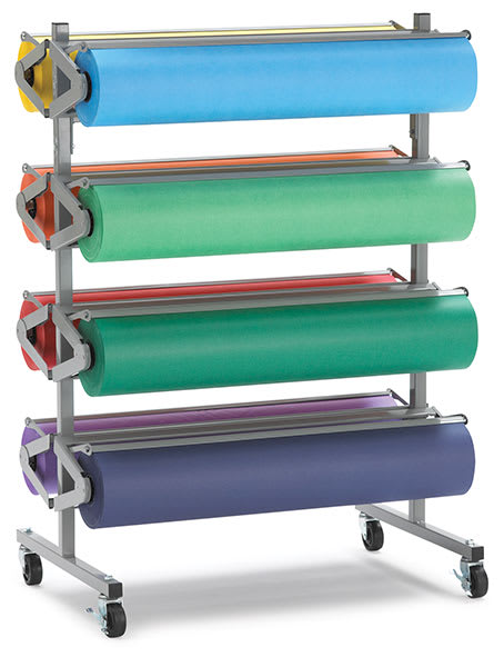Open in modal - Portable Rola-Rack Paper Roll Cutters - Fully assembled Rack holding 8 rolls of paper, not included