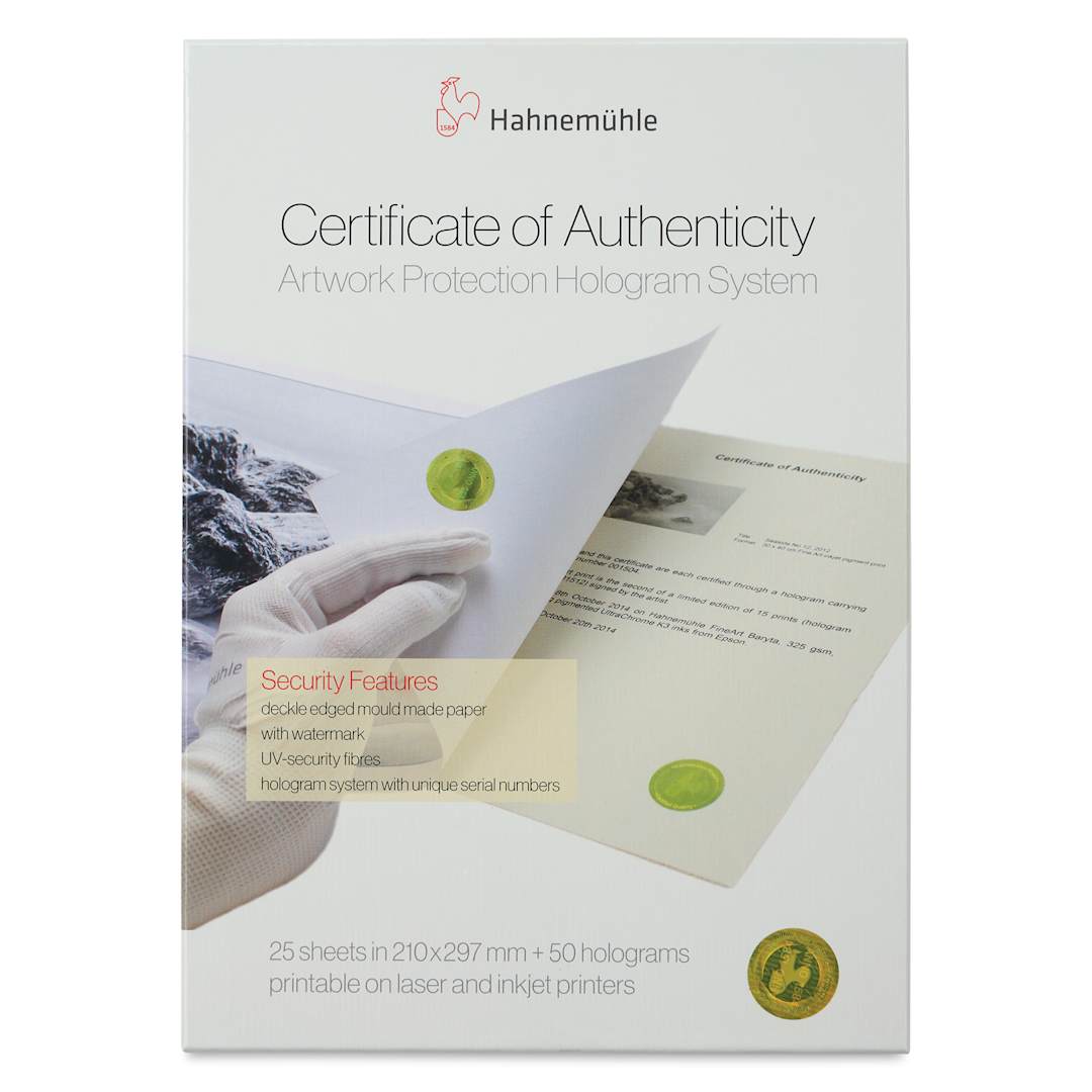 Open in modal - Hahnemühle Certificate of Authenticity - 8-3/10" x 11-7/10", Pkg of 25, front of packaging