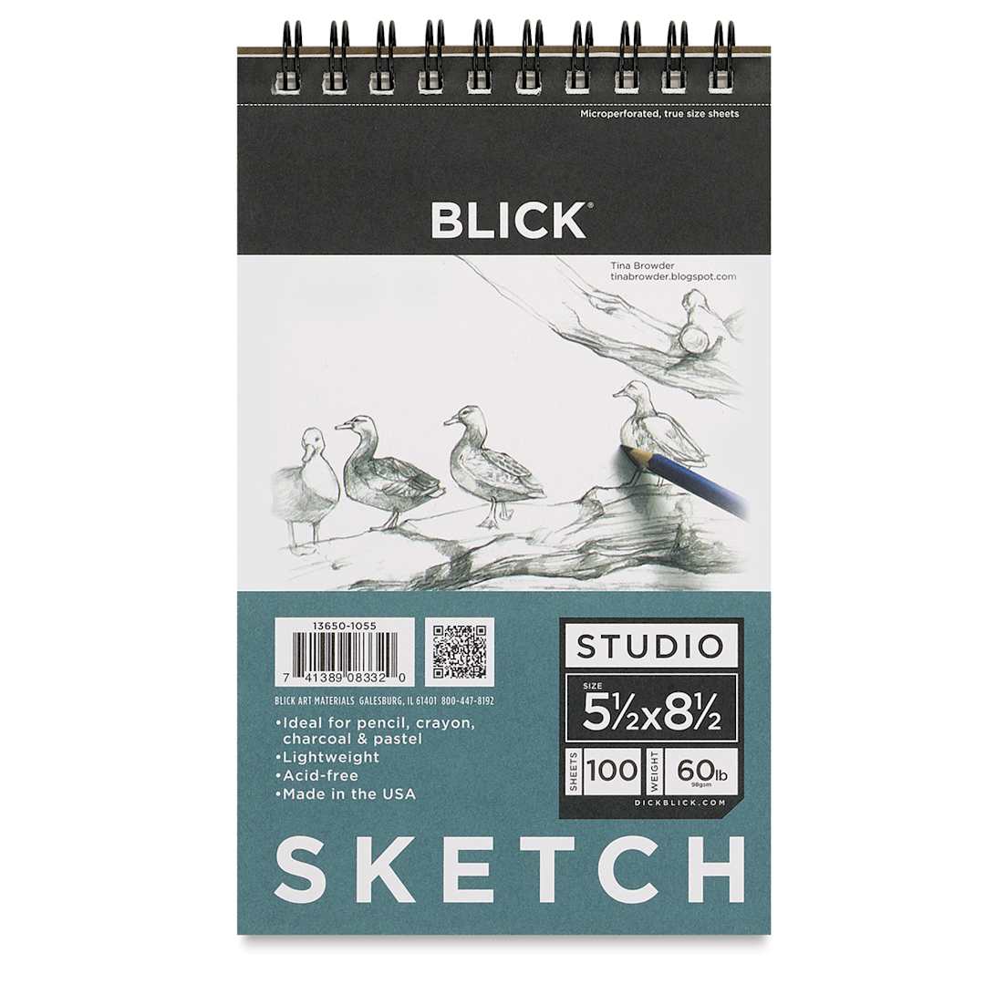 Open in modal - Blick Studio Sketch Pad 5 1/2" x 8 1/2 "-100 Sheets. Front of pad, wirebound at top.