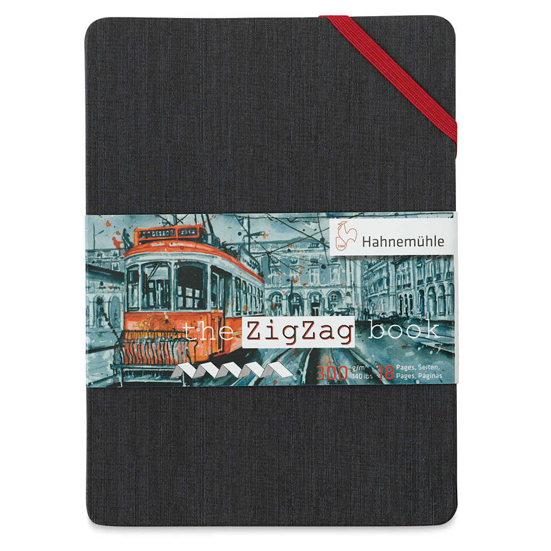 Open in modal - The ZigZag Book - Front view of 4.1" x 5.8" book closed with red elastic closure