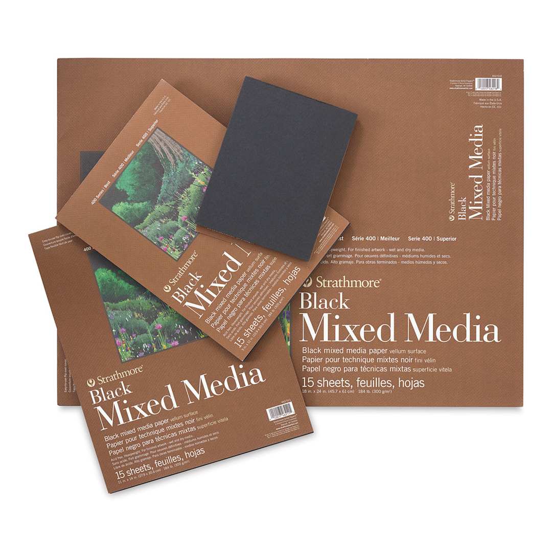 Open in modal - Strathmore 400 Series Black Mixed Media Pads - Four sizes of pads shown with one open