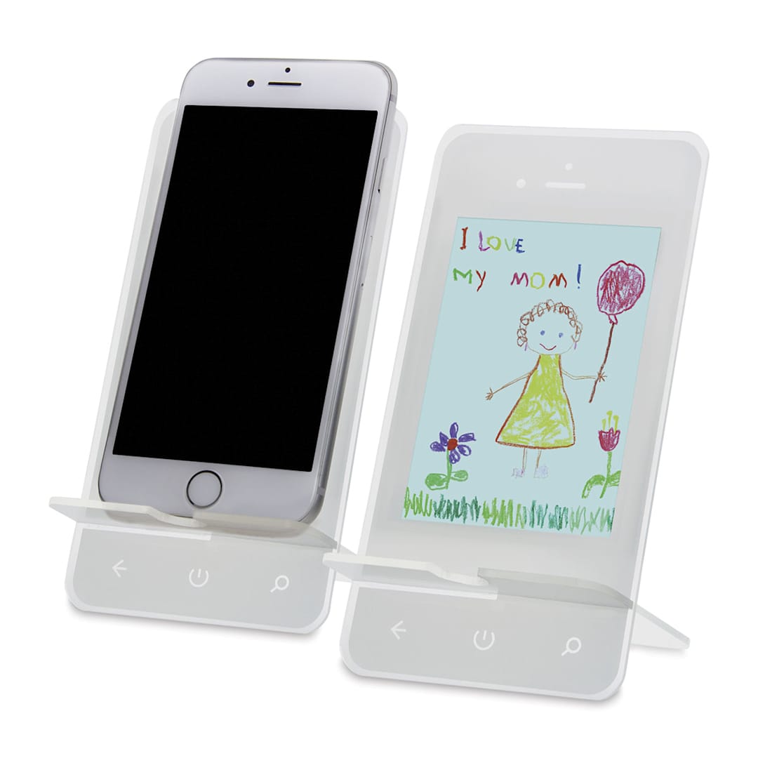 Open in modal - Snap-In DIY Cell Phone Stands - Examples holding phone and inserted artwork (neither included)