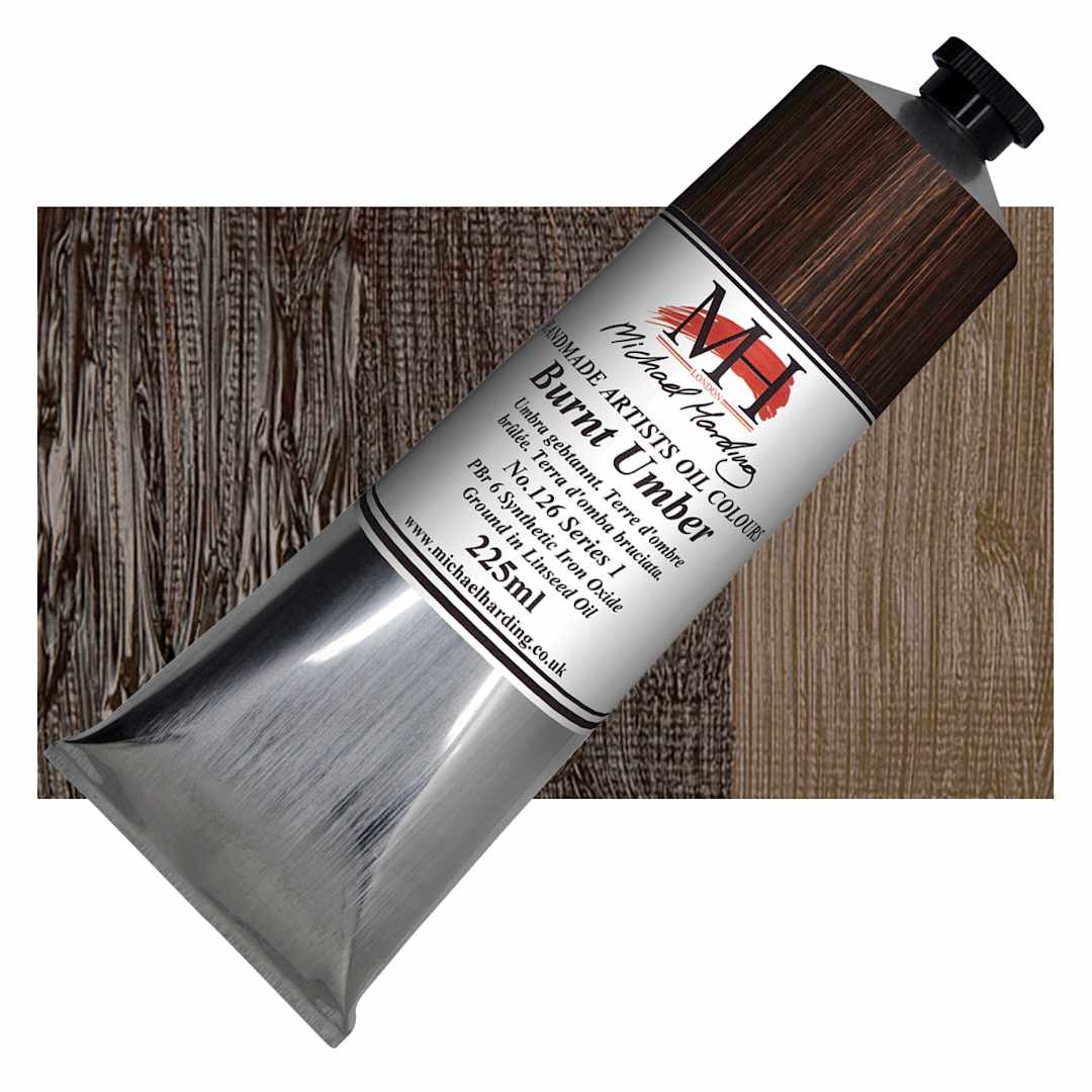 Open in modal - Michael Harding Artists Oil Paint - Burnt Umber, 225 ml tube and swatch
