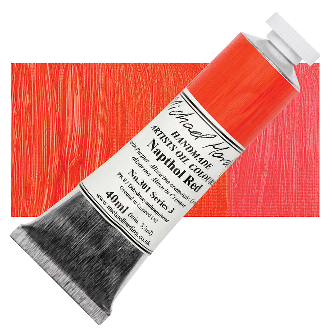 Open in modal - Michael Harding Artists Oil Paint - Naphthol Red, 40 ml tube and swatch