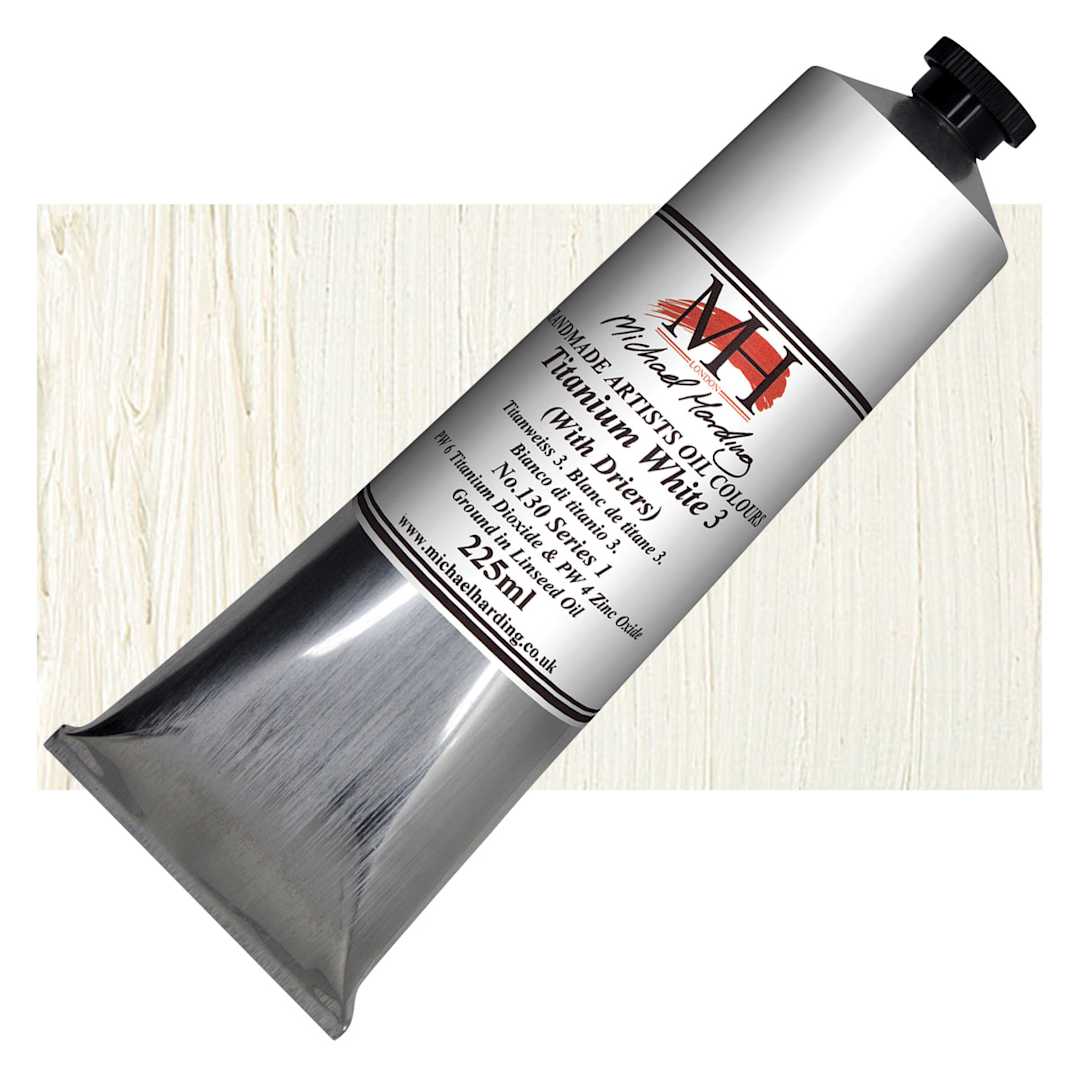 Open in modal - Michael Harding Artists Oil Paint - Titanium White No. 3 (with Driers), 225 ml tube and swatch