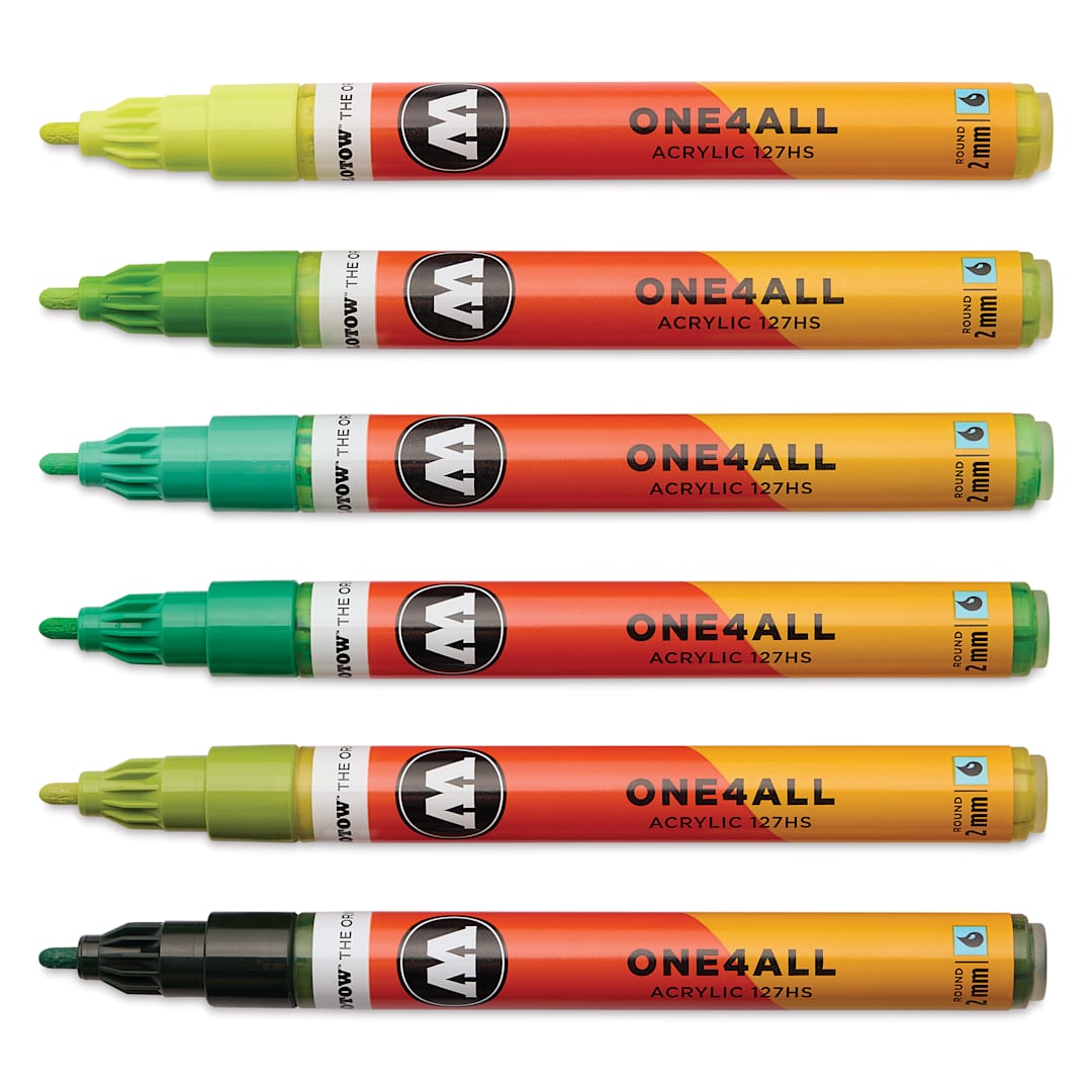 Open in modal - Molotow One4All Acrylic Markers - Set of 6, Green Colors, 2 mm, caps off