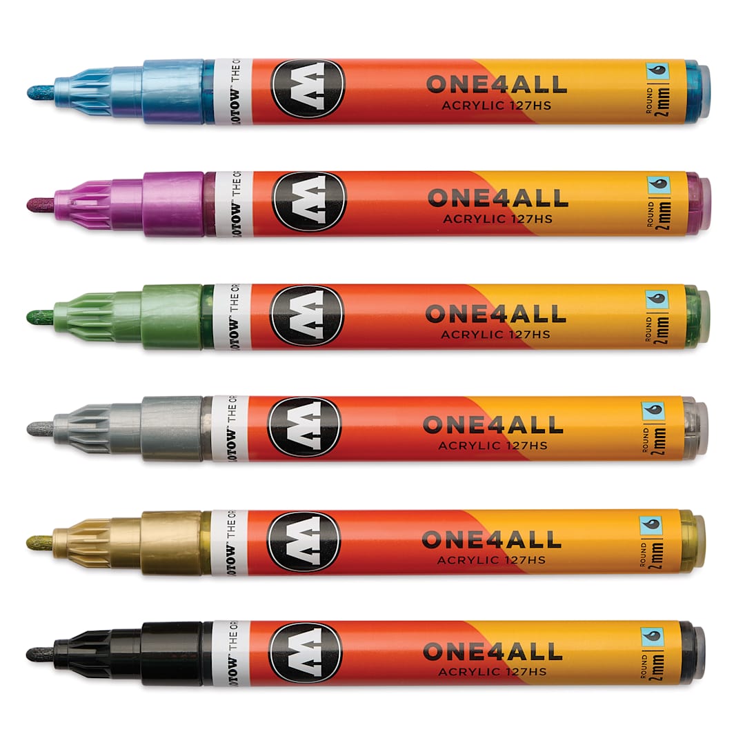 Open in modal - Molotow One4All Acrylic Markers - Set of 6, Metallic Colors, 2 mm, caps off