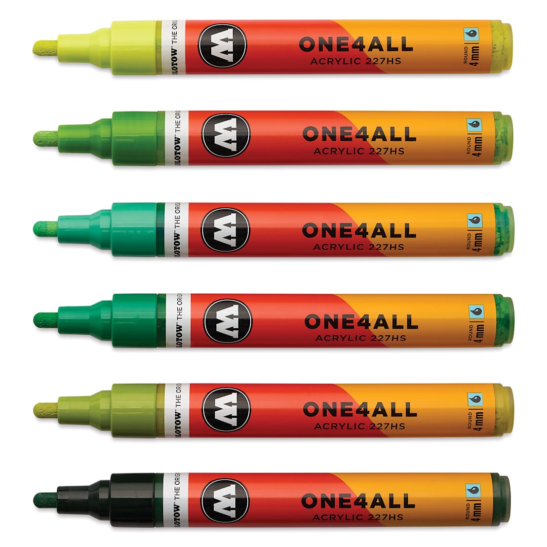 Open in modal - Molotow One4All Acrylic Markers - Set of 6, Green Colors, 4 mm, caps off