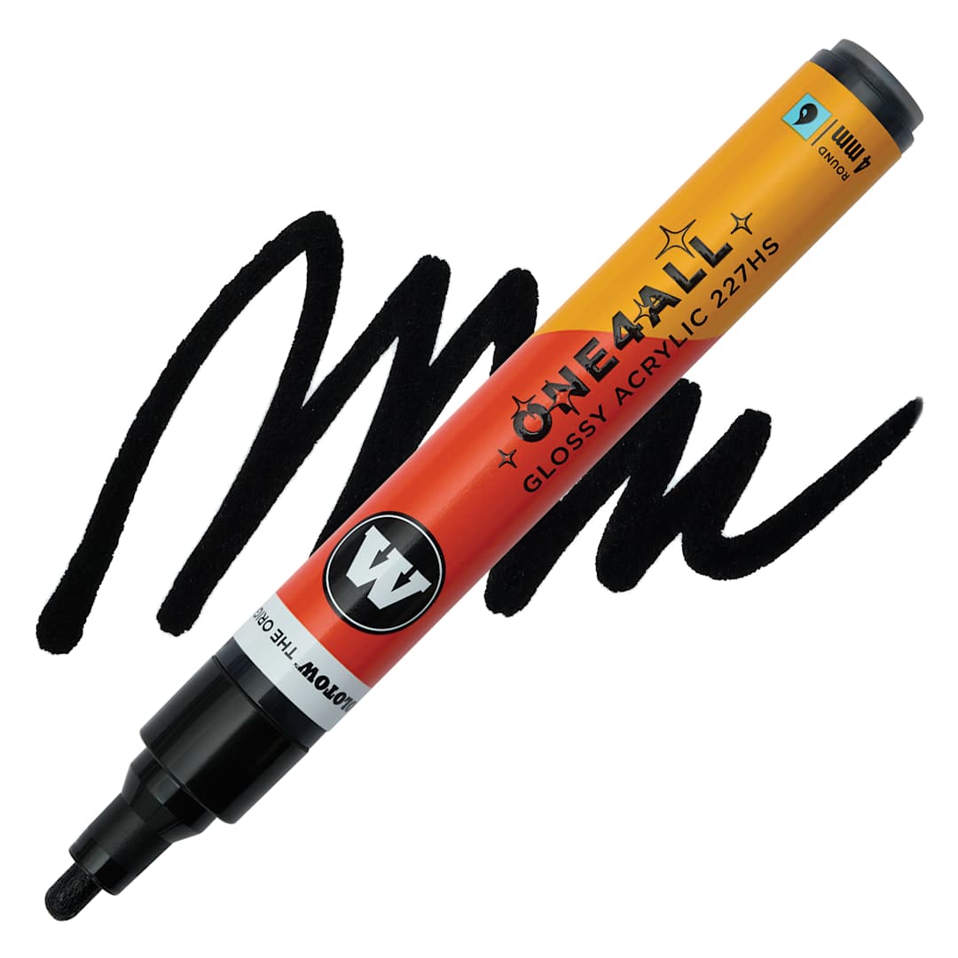 Open in modal - Molotow One4All Acrylic Marker - 4 mm Tip, Black Glossy, Bullet Tip, swatch and marker