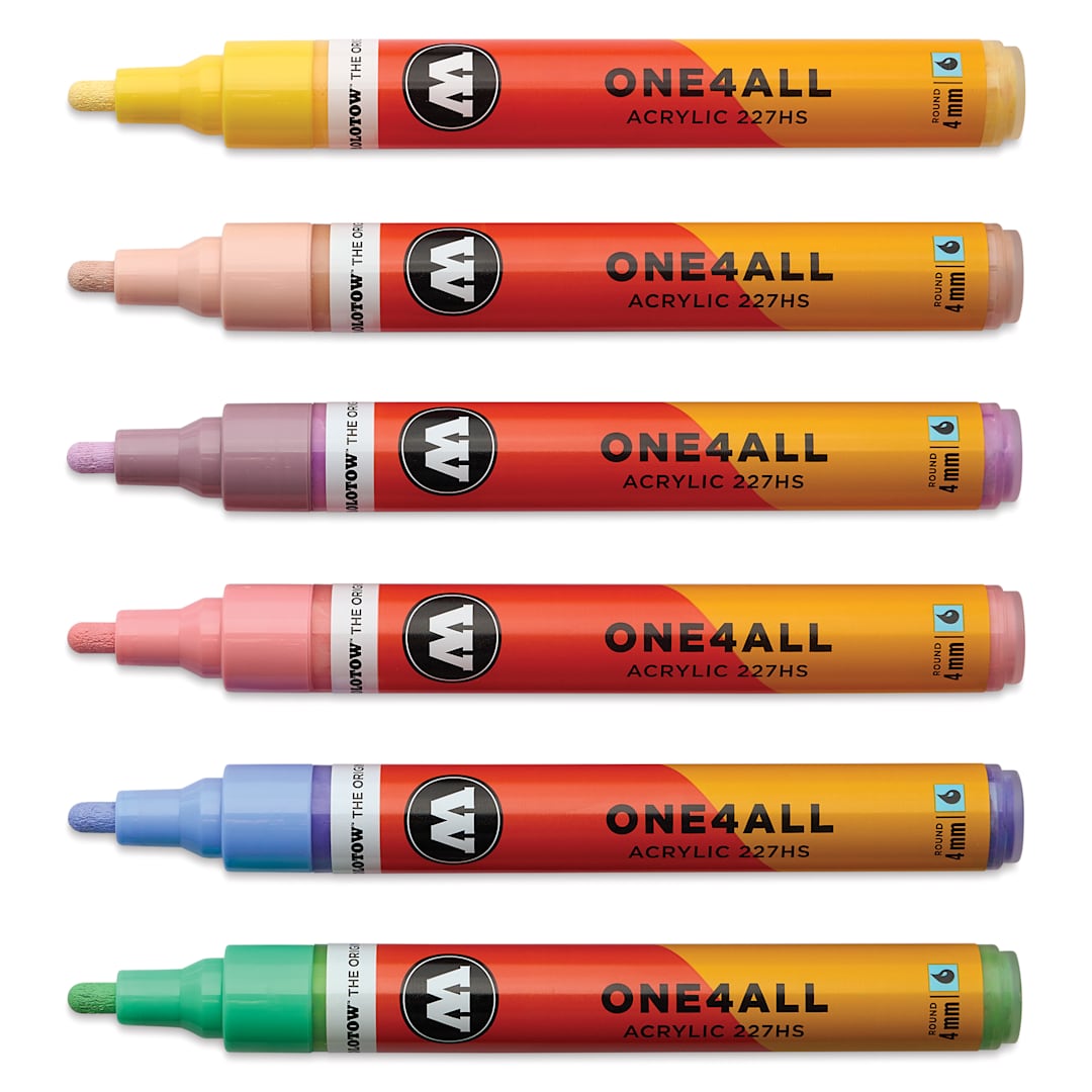 Open in modal - Molotow One4All Acrylic Markers - Set of 6, Pastel Classic Colors, 4 mm, caps off