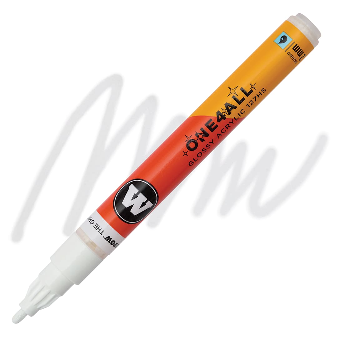 Open in modal - Molotow One4All Acrylic Marker - 2 mm Tip, White Glossy, Bullet Tip, swatch and marker