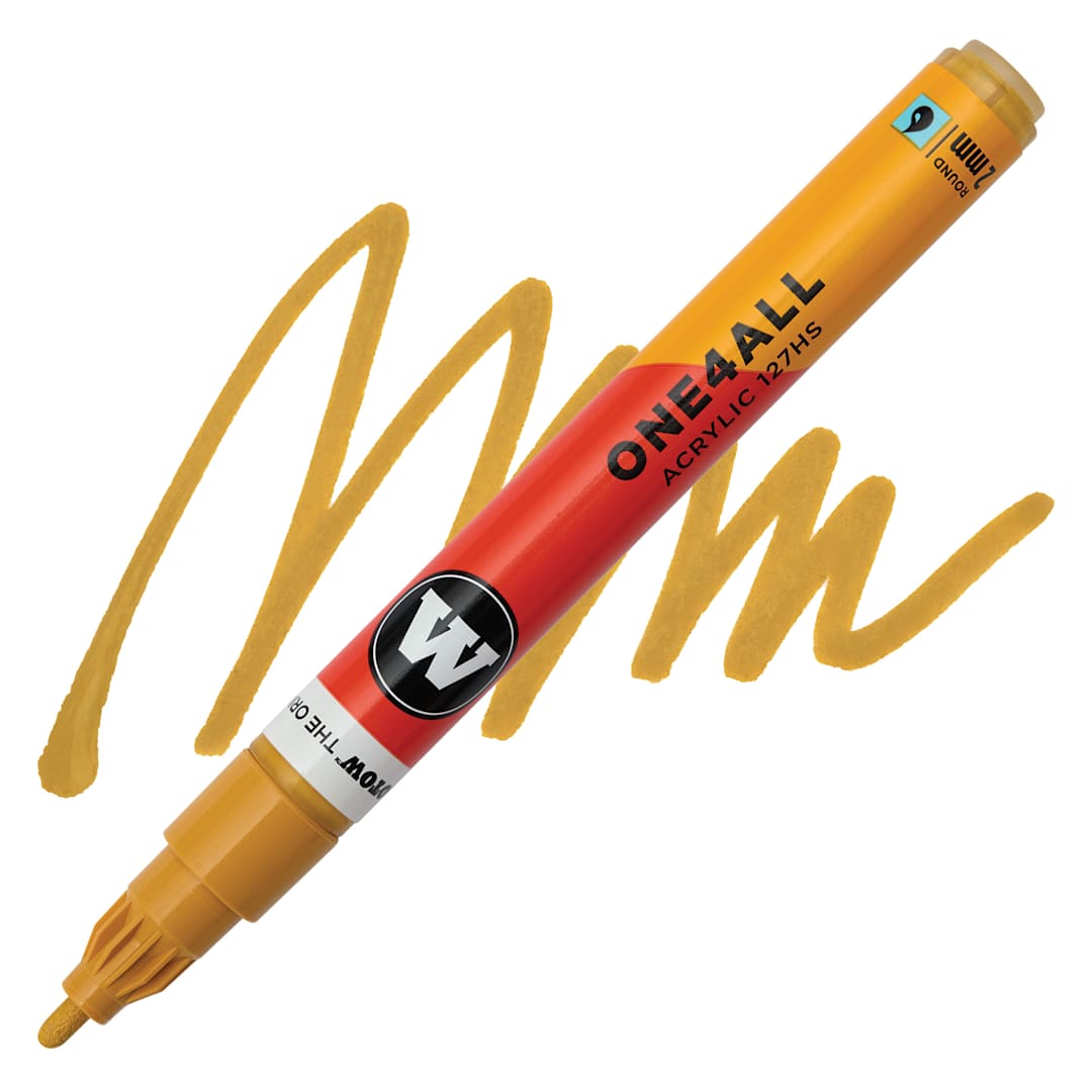 Open in modal - Molotow One4All Acrylic Marker - 2 mm Tip, Mustard Yellow, Bullet Tip, swatch and marker