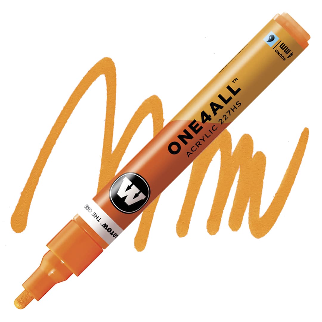 Open in modal - Molotow One4All Acrylic Marker - 4 mm Tip, Neon Orange Fluorescent, Bullet Tip marker and swatch