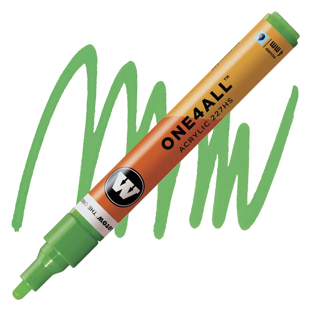 Open in modal - Molotow One4All Acrylic Marker - 4 mm Tip, Universes Green, Bullet Tip marker and swatch
