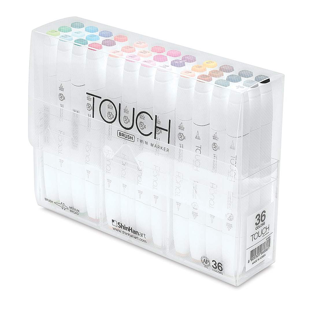 Open in modal - Shinhan Touch Twin Brush Marker Set - Right angled view of package of 36 markers