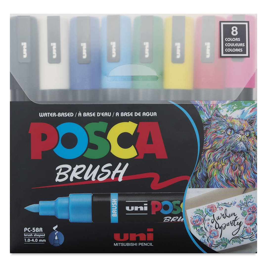 Open in modal - Posca Brush Paint Markers - Set of 8, Assorted Colors, Brush Tip, front of the packaging