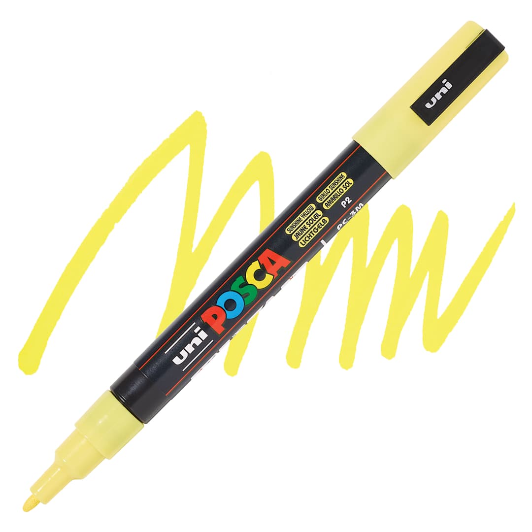 Open in modal - Uni Posca Paint Marker - Sunshine Yellow, Fine, Bullet Tip, 0.9-1.3 mm, swatch and marker