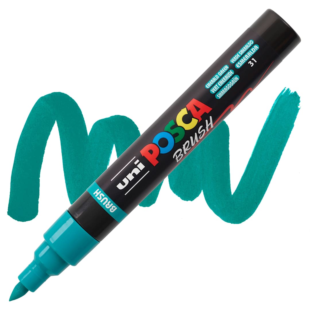 Open in modal - Posca Brush Paint Marker - Emerald Green, Brush Tip, 1 - 4 mm marker with swatch