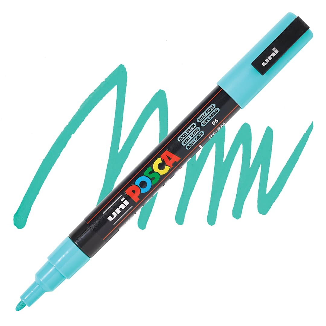 Open in modal - Posca Paint Marker - Aqua Green, Fine, Bullet Tip, 0.9 mm - 1.3 mm - swatch and marker
