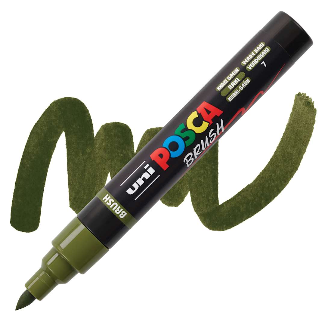 Open in modal - Posca Brush Paint Marker - Khaki Green, Brush Tip, 1 - 4 mm marker with swatch