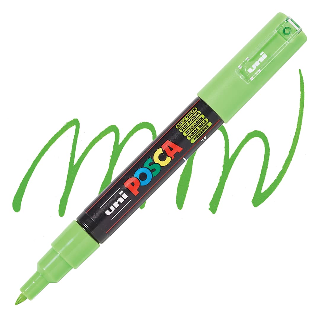 Open in modal - Posca Paint Marker - Apple Green, X-Fine, Bullet Tip, 0.7 mm, swatch and marker