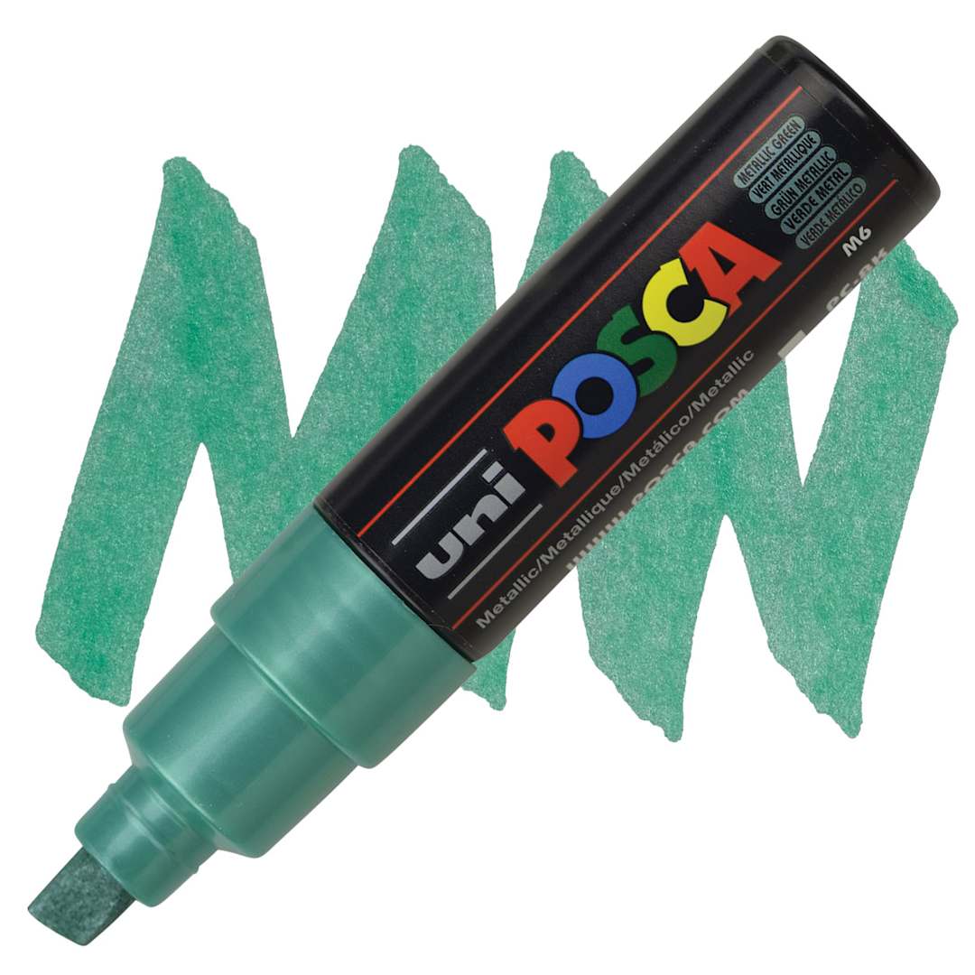 Open in modal - Posca Paint Marker - Metallic Green, Broad Chisel Tip, 8 mm - marker and swatch