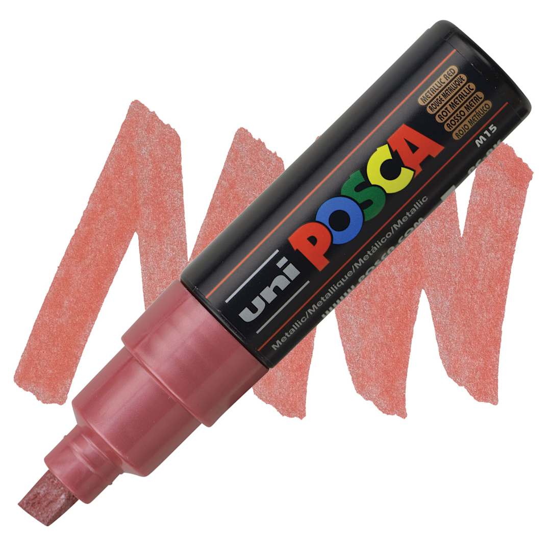 Open in modal - Posca Paint Marker - Metallic Red, Broad Chisel, 8 mm - marker and swatch