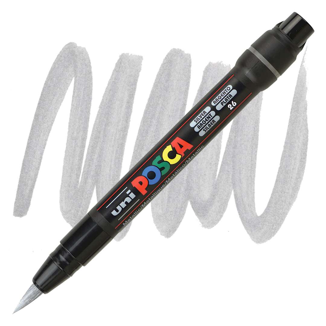 Open in modal - Uni Posca Paint Marker - Silver, Brush Tip marker and swatch