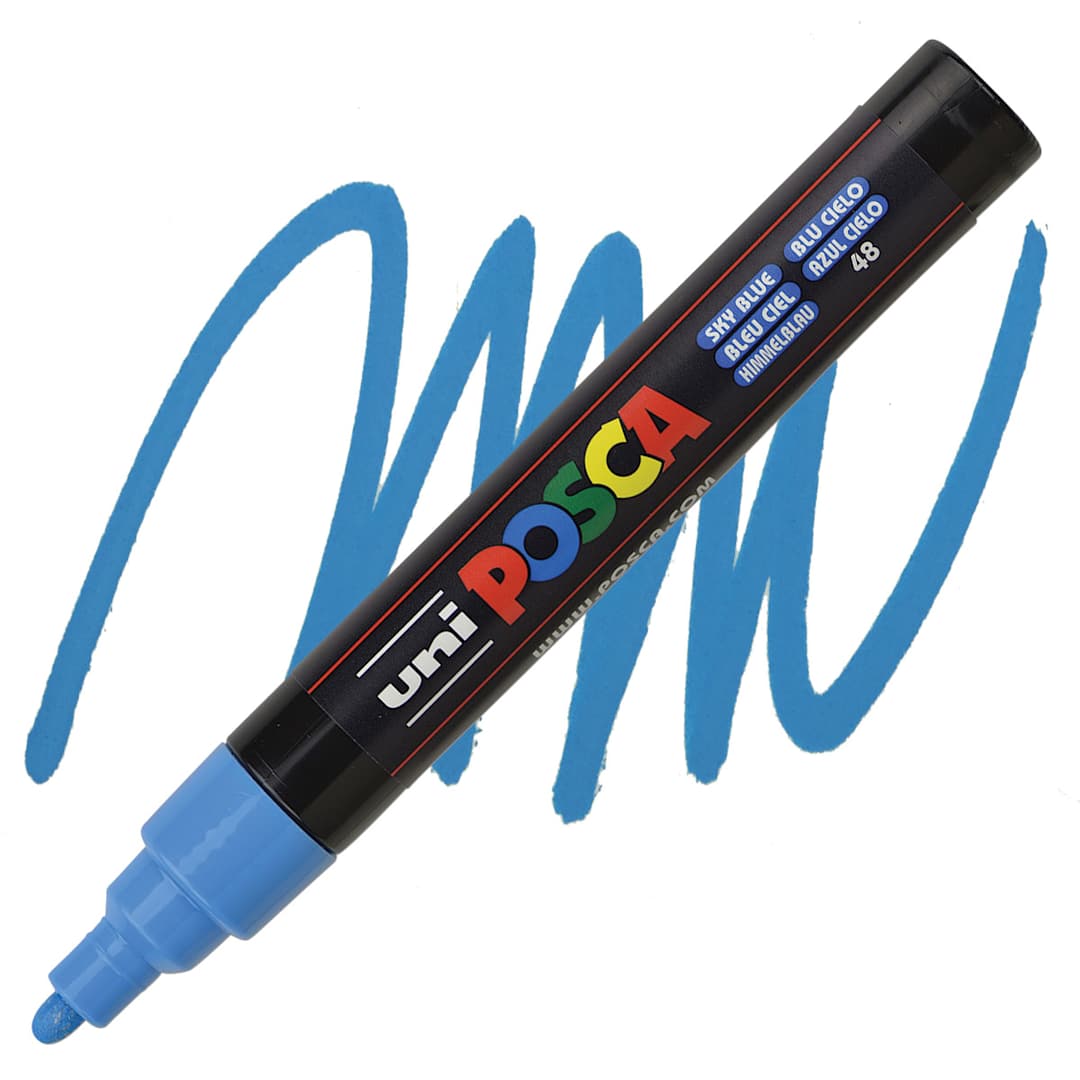 Open in modal - Uni Posca Paint Marker - Sky Blue, Bullet Tip, 2.5 mm marker and swatch