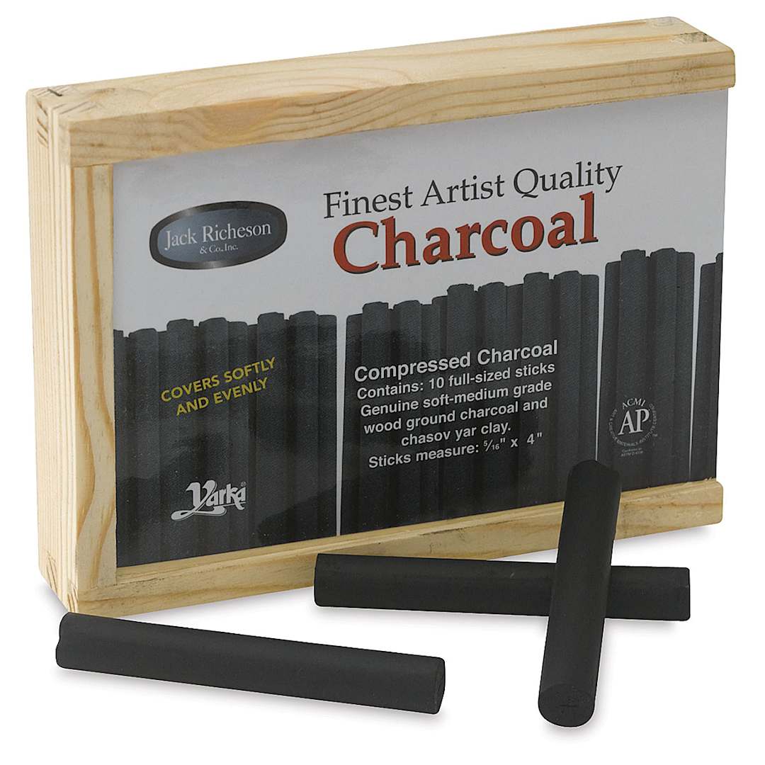 Open in modal - Richeson Compressed Charcoal - Box of 10 shown at angle with 3 sticks in front