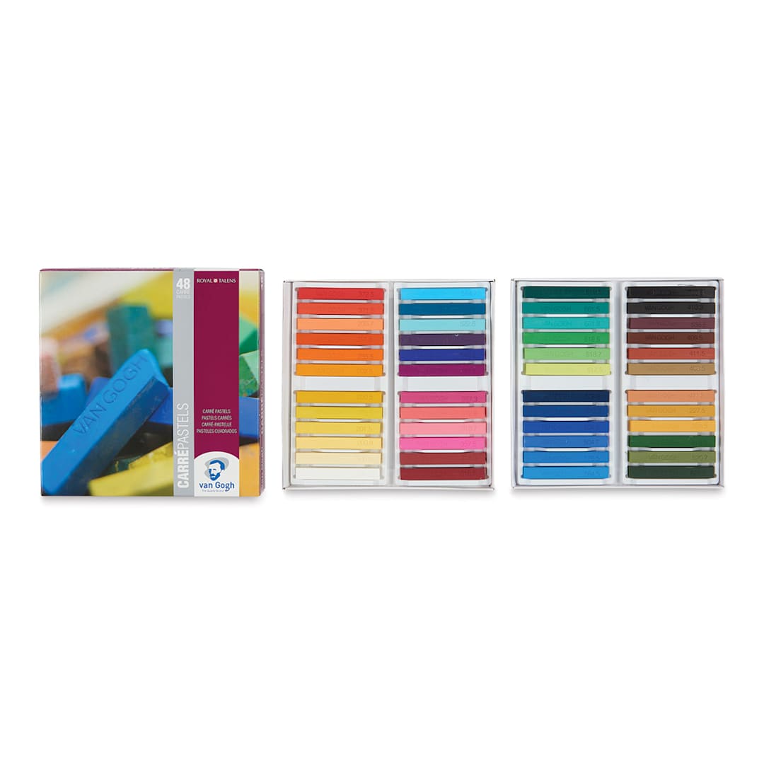 Open in modal - Van Gogh Hard Pastels - Set of 48 pastels shown in tray with package cover adjacent