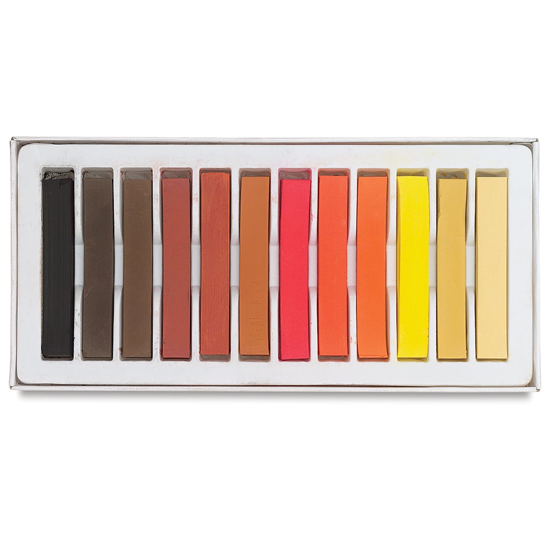 Open in modal - Blick Studio Pastels - Earthtone Colors, Set of 12. Open tray of pastels in one row.