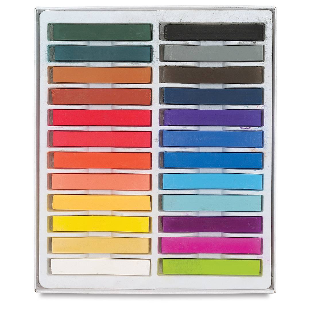 Open in modal - Blick Studio Pastels - Set of 24 Assorted Colors. Open tray of pastels in two rows.
