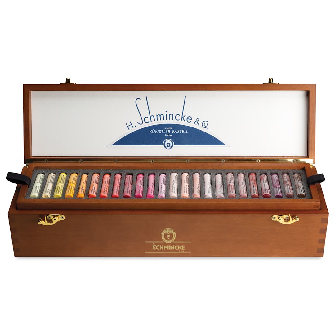 Open in modal - Schmincke Soft Pastels - Set of 48, Assorted Colors, 1930's Retro Edition, Wood Box, Full Stick, opened