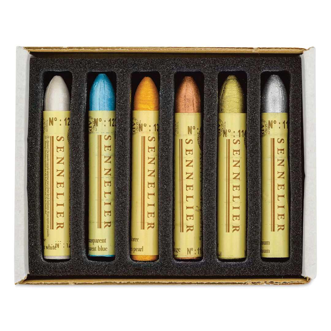 Open in modal - Sennelier Oil Pastels - Iridescence Colors, Set of 6 pastels inside of the packaging