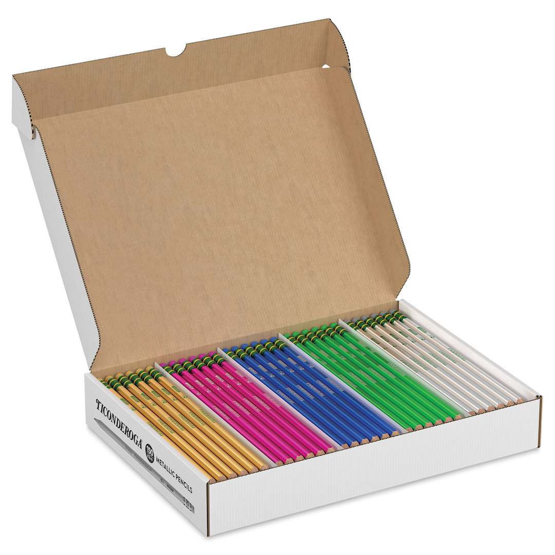 Open in modal - Dixon Ticonderoga Pencils - Box of 150, Metallic, Pre-Sharpened, open packaging showing contents