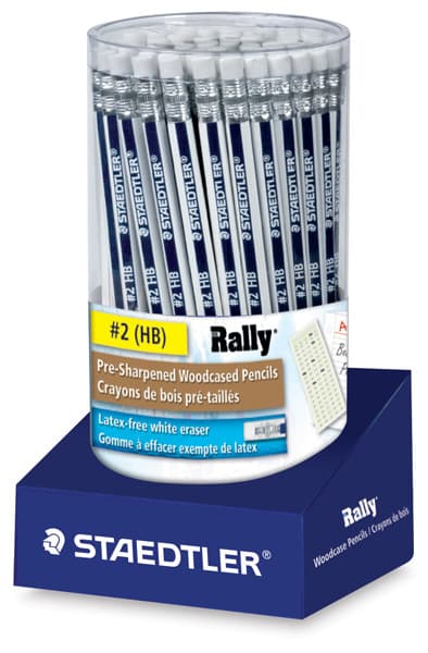 Open in modal - Staedtler Rally Pencils - Front view of package and tub of 72 pencils 