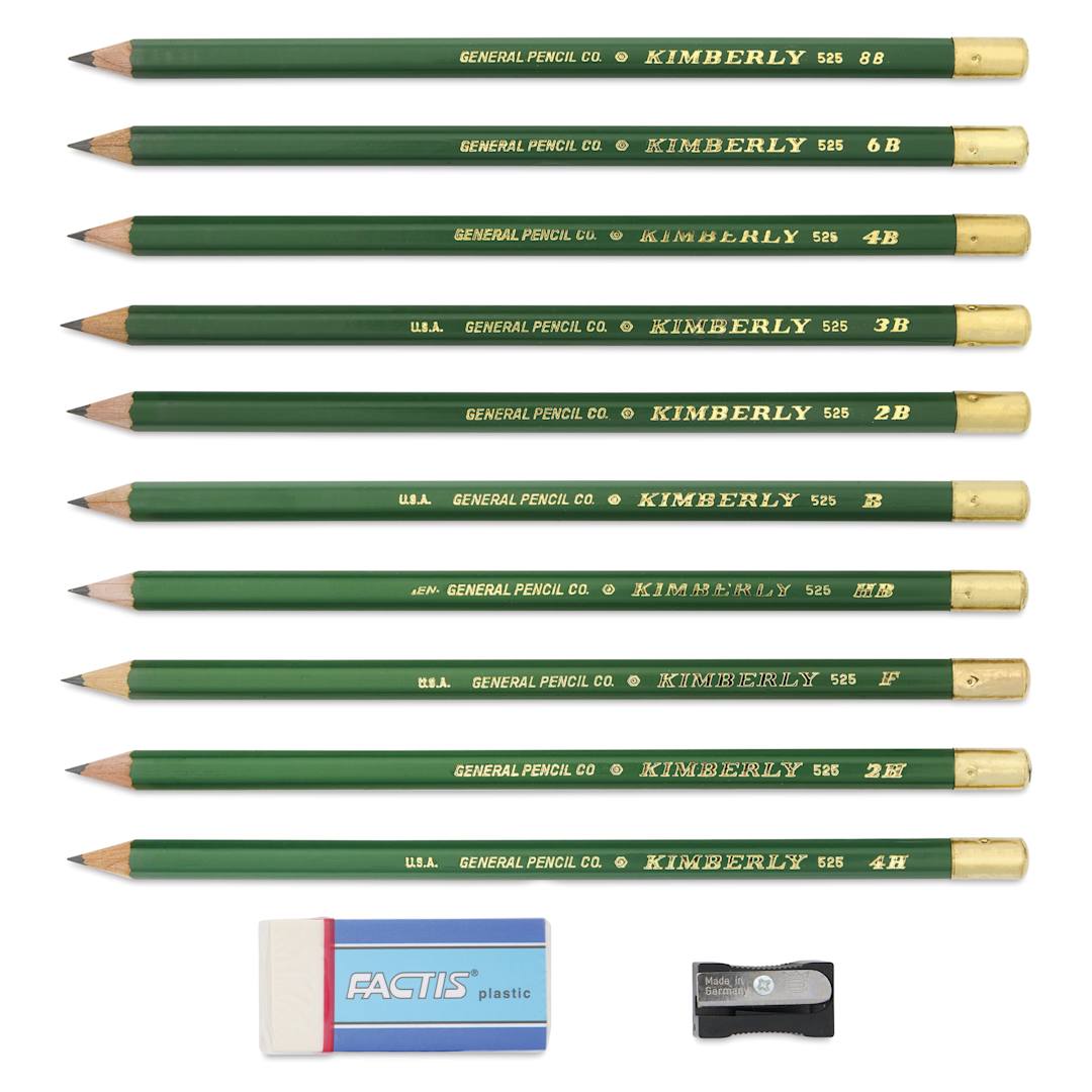 Open in modal - General's Kimberly Graphite Pencils Set - Drawing Pencil Kit, Pkg of 10, contents laid out