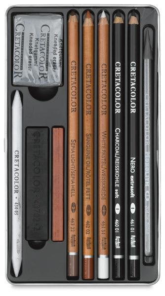 Open in modal - Cretacolor Basic Drawing Sets - Components of Set of 10 shown open in storage tray