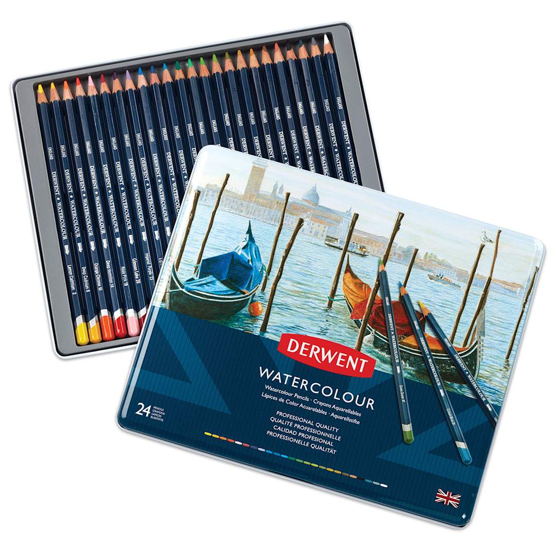 Open in modal - Derwent Watercolor Pencil Set - Assorted Colors, Set of 24. Inside of package.