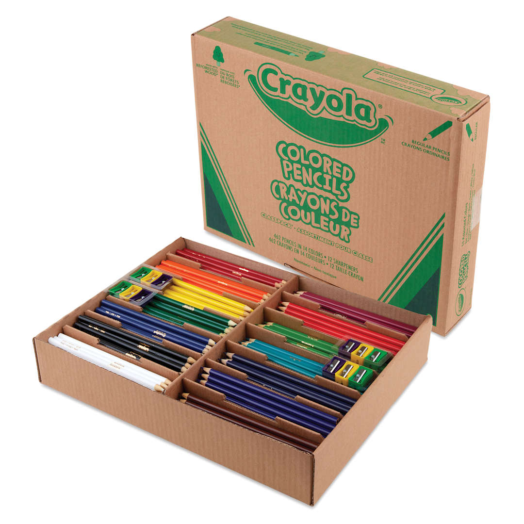 Open in modal - Crayola Colored Pencils - Assorted Colors, Classpack of 462, crayons inside tray in front of pack