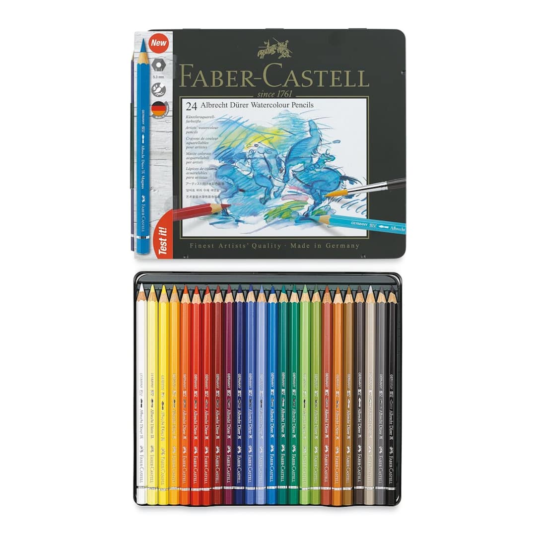 Open in modal - Faber-Castell Albrecht Durer Watercolor Pencils - Set of 24 (front of package and set contents)