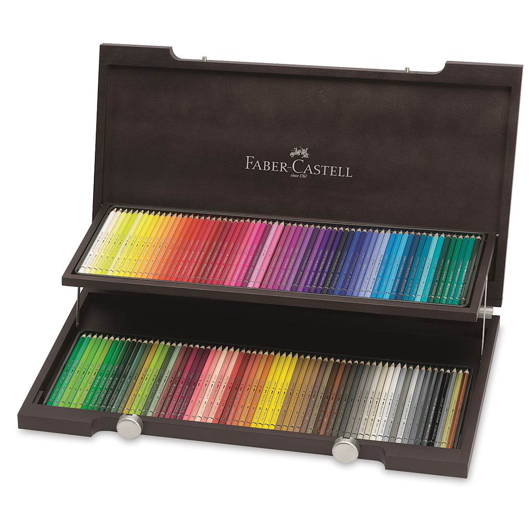 Open in modal - Faber-Castell Albrecht Durer Watercolor Pencils-Set of 120, Wood Box. Top open, 2 tiers of pencils.