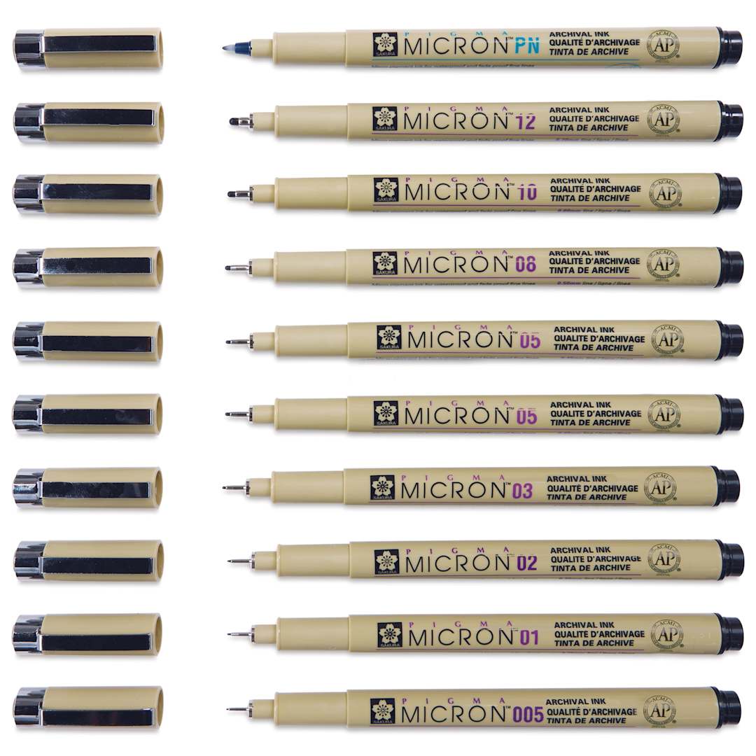 Open in modal - Sakura Pigma Micron Pens - Blick Exclusive! Customer Favorites, Set of 10, Black, Assorted Sizes - with caps off