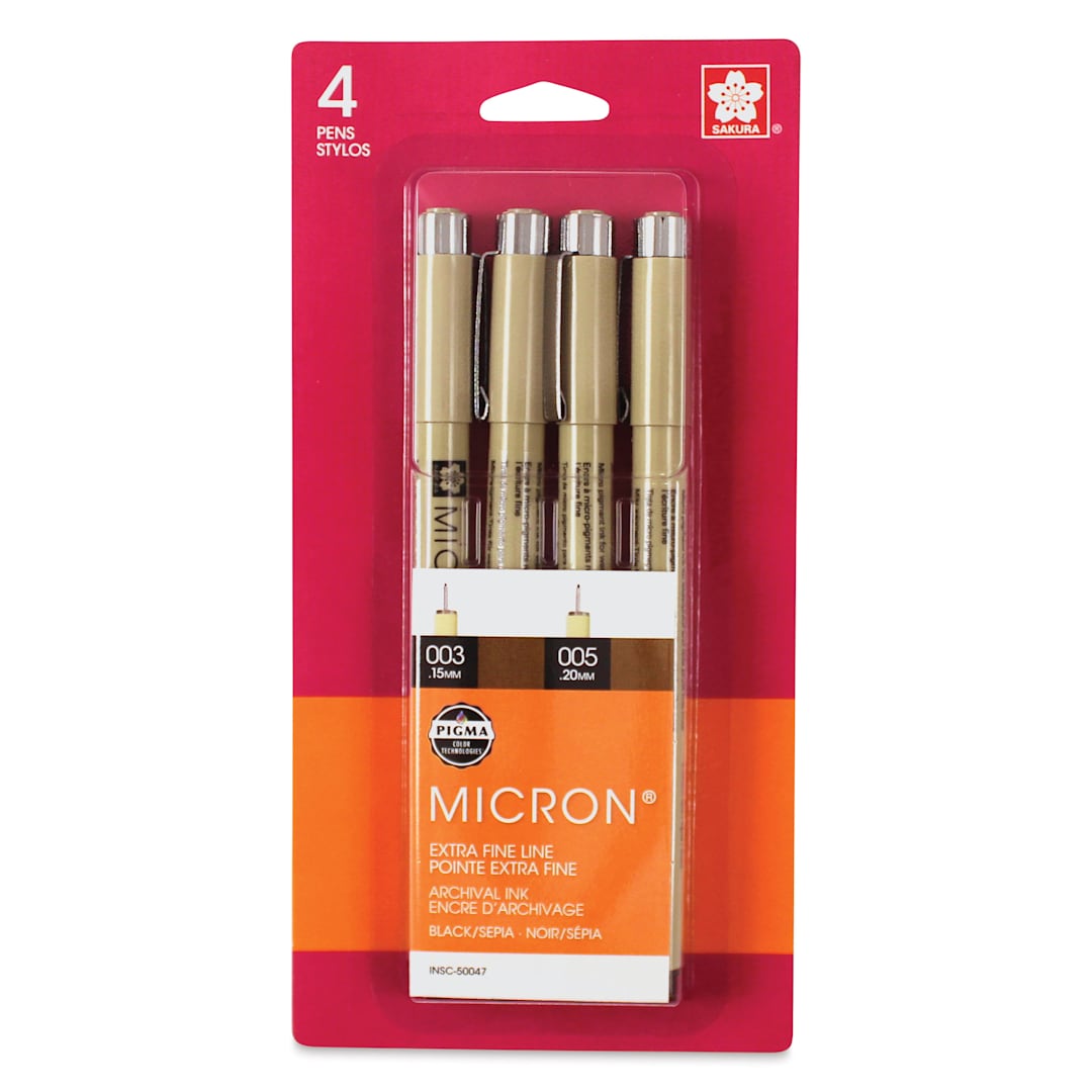 Open in modal - Sakura Pigma Micron Pens - Set of 4, Black and Sepia, Extra Fine Sizes, packaging