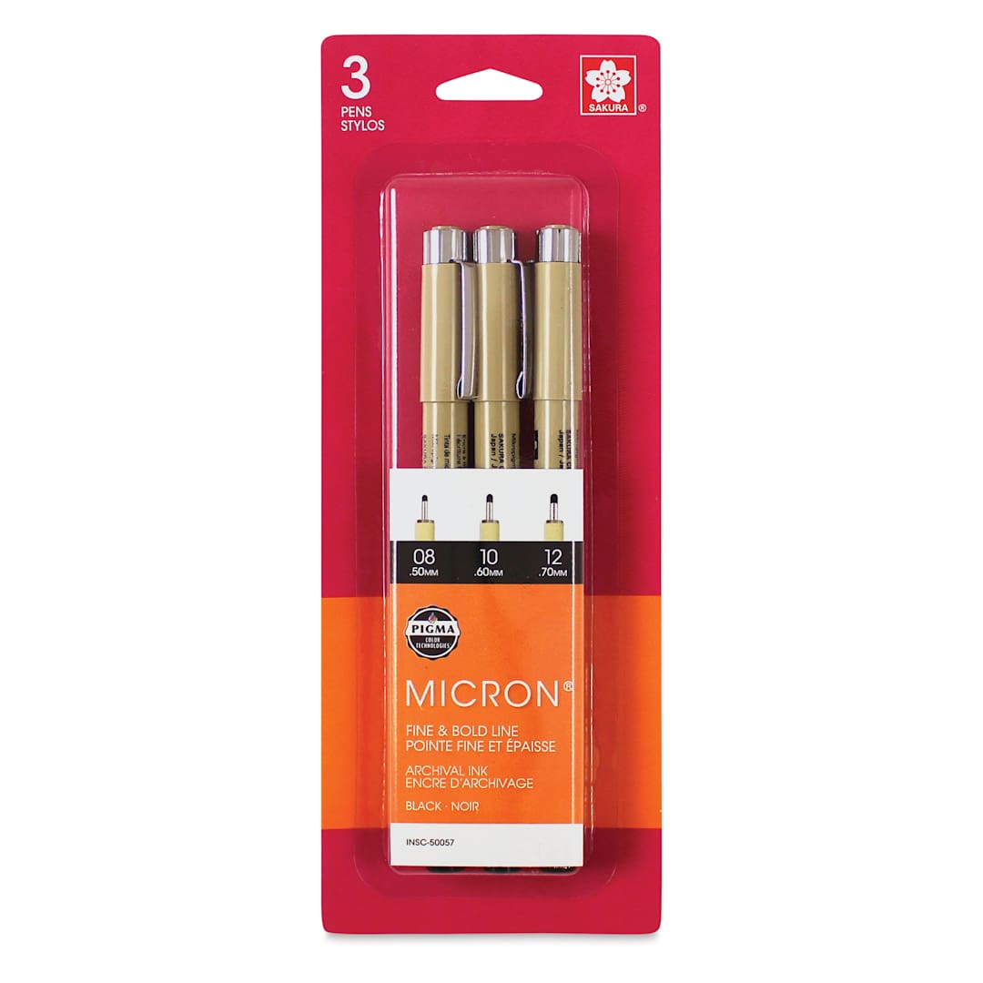 Open in modal - Sakura Pigma Micron Pens - Set of 3, Black, Bold Sizes, packaging