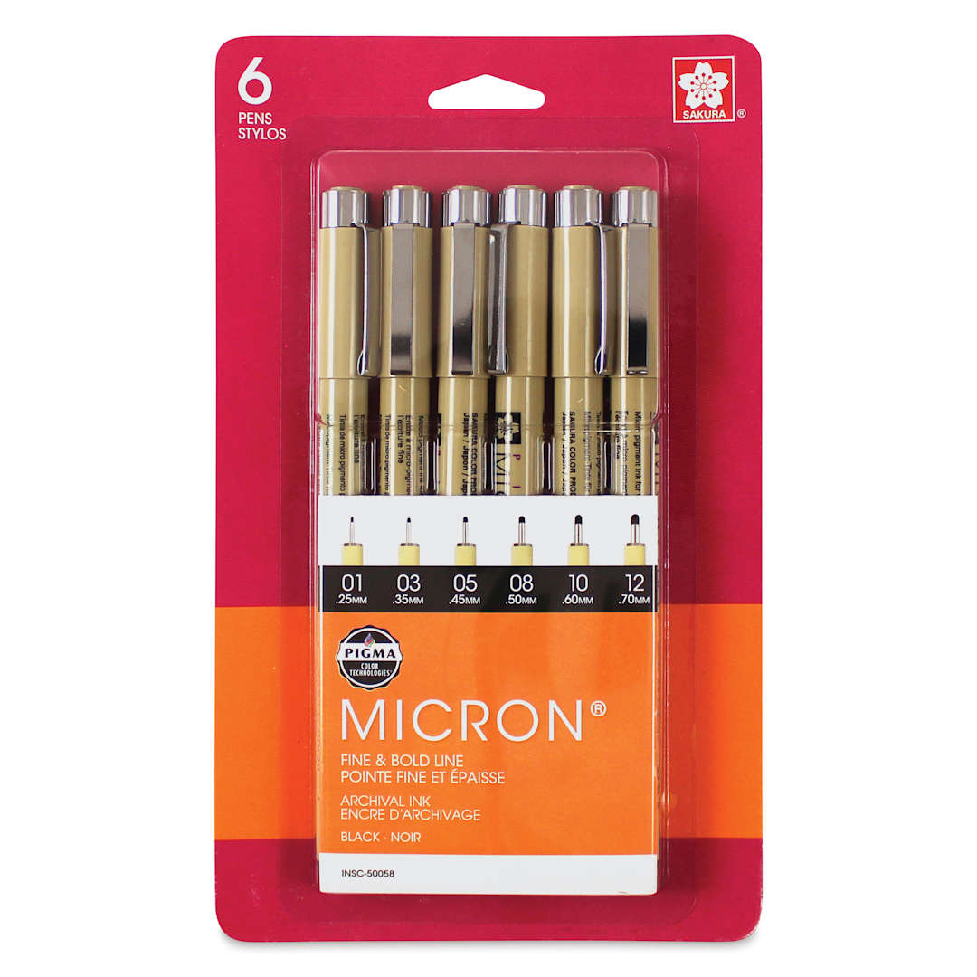 Open in modal - Sakura Pigma Micron Pens - Set of 6, Black, Fine and Bold Sizes, packaging