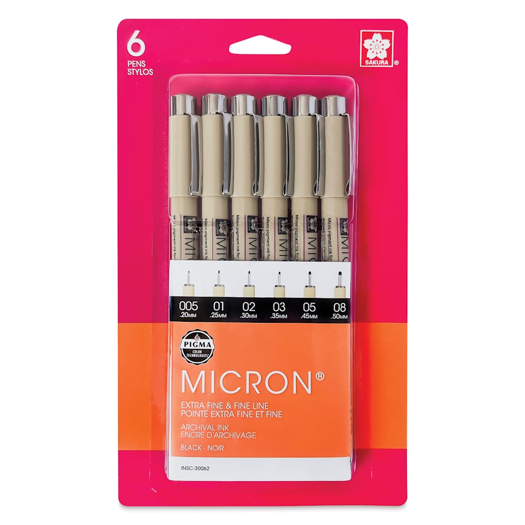 Open in modal - Sakura Pigma Micron Pens - Set of 6, Black, Extra Fine and Fine Sizes, packaging